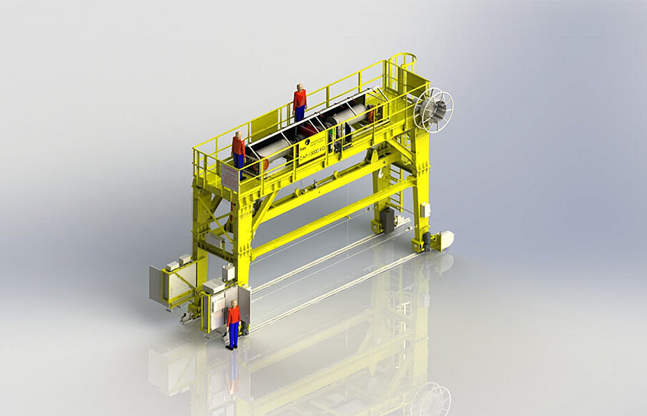 Rendu 3D d’un système de portique roulant jaune conçu pour des applications de levage industriel et de manutention de matériaux.